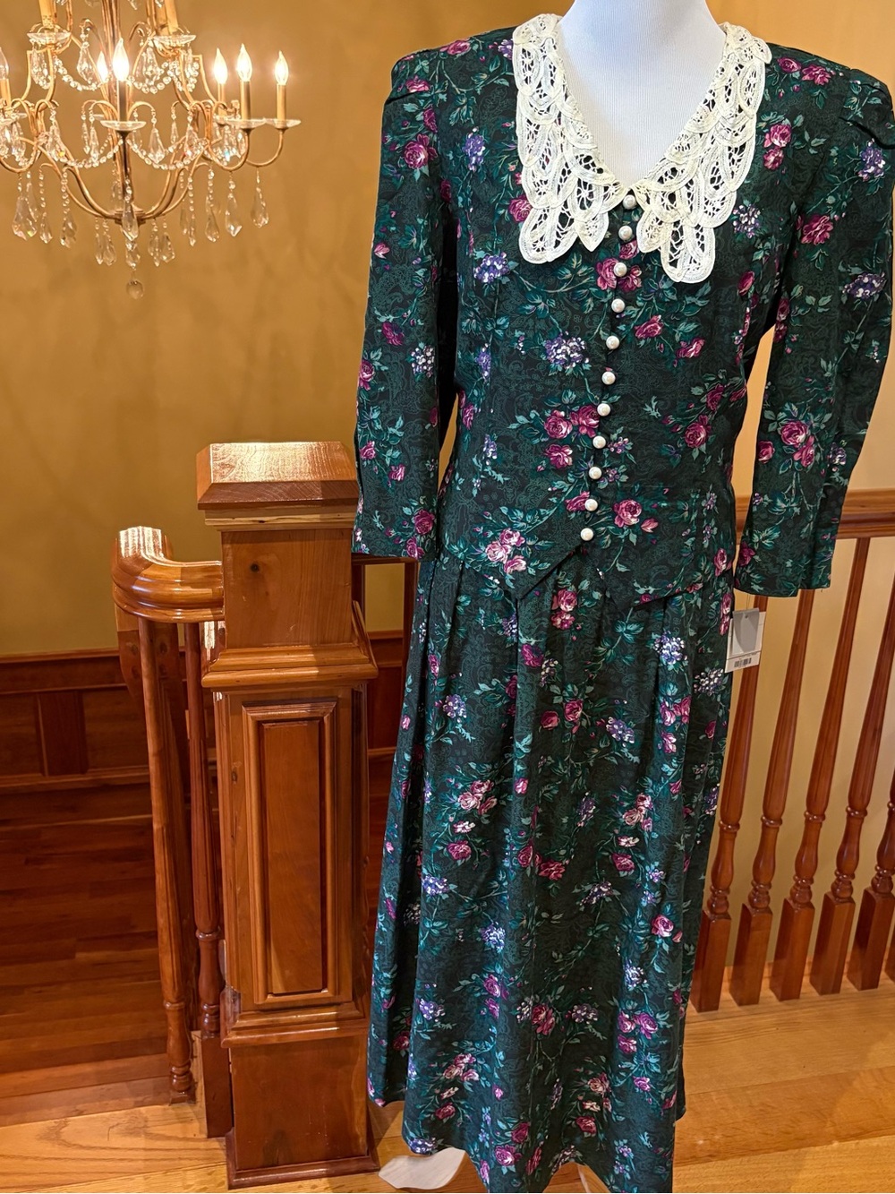 Vintage Miss Dorby 80s 90s Floral Dress Green Lace Collar Maxi Wmn’s 14